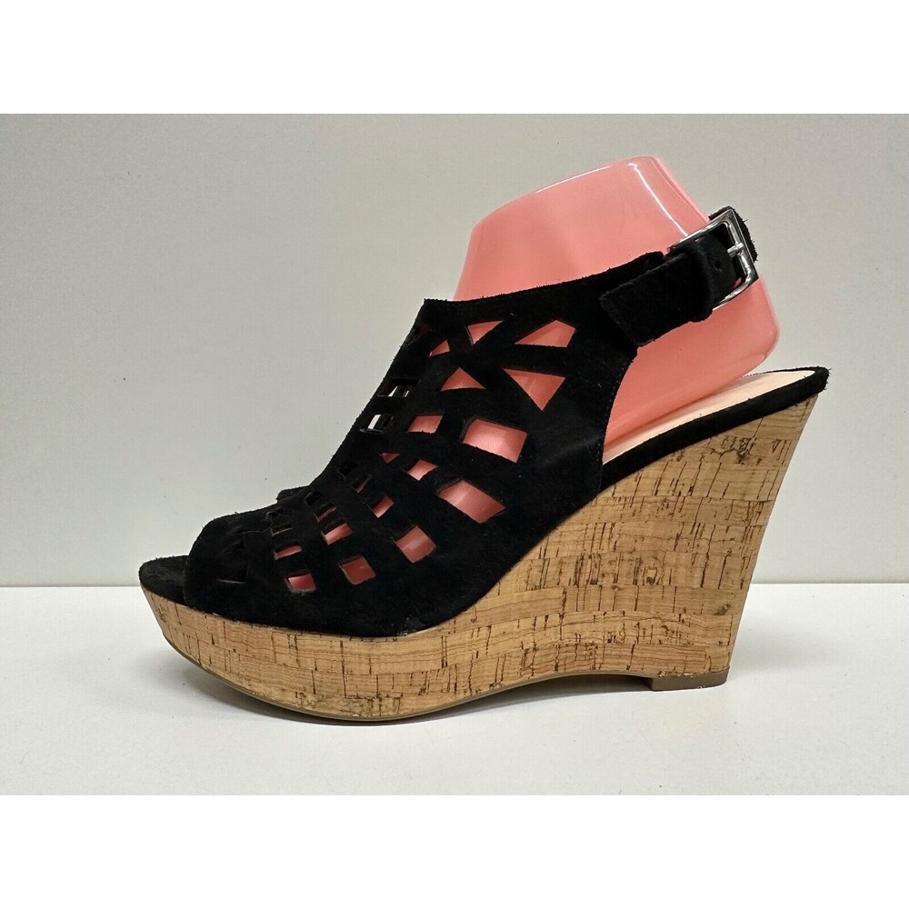Franco Sarto "Sassy" women size 9.5 M  black suede leather cork wedged sandals